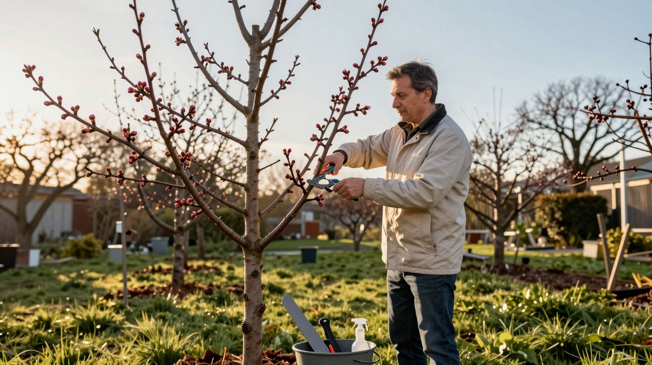 Homem podando galhos de árvore em pomar durante pôr do sol com ferramentas ao redor.