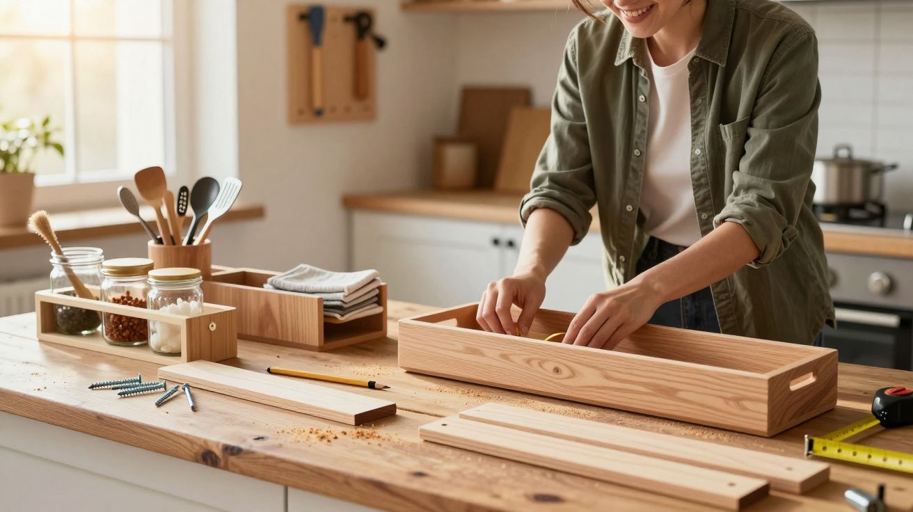 Pessoa sorrindo monta caixa de madeira em bancada de cozinha iluminada por janela grande.