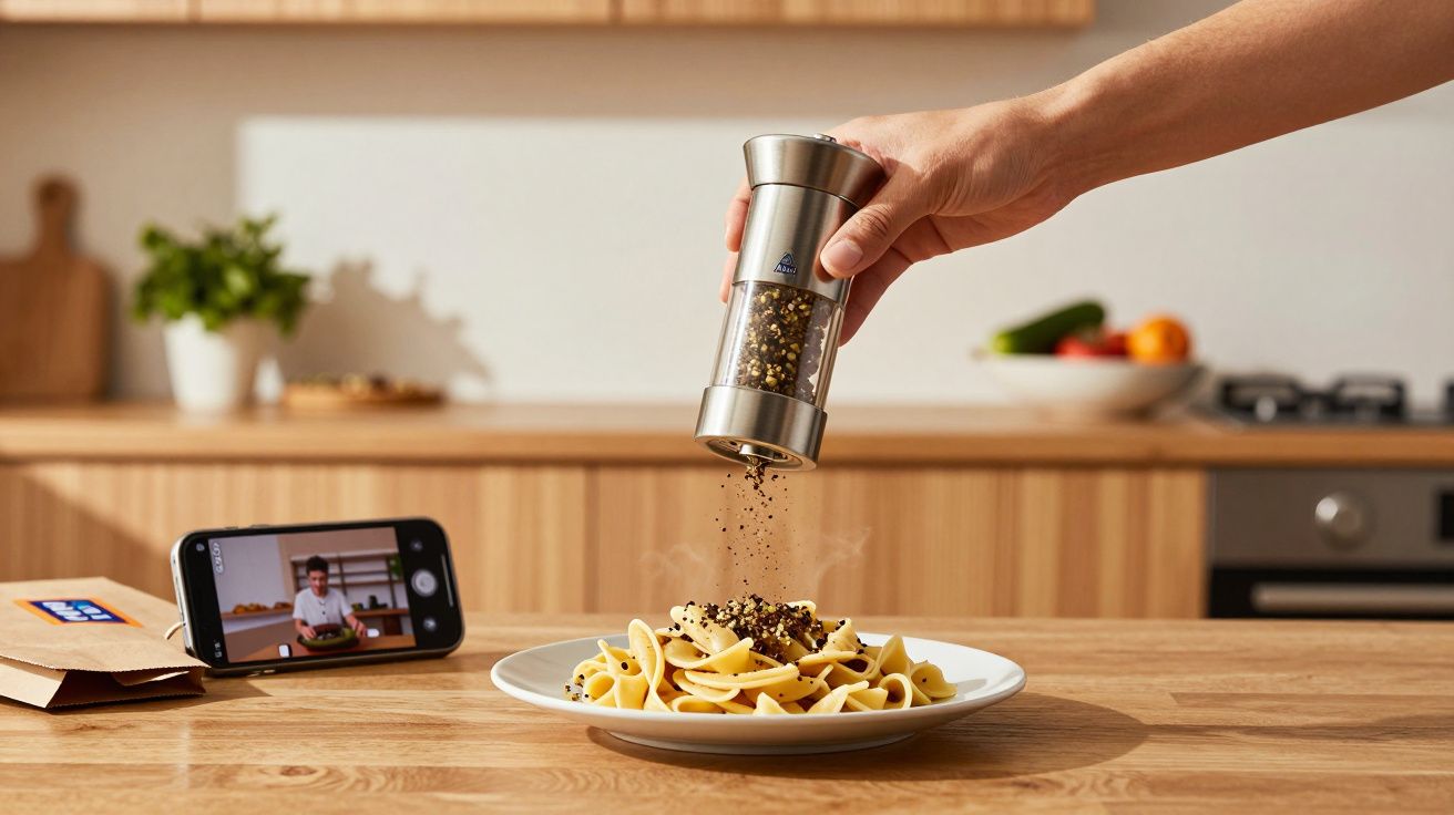 Mão temperando prato de macarrão com moedor de pimenta em cozinha, celular gravando vídeo ao fundo.