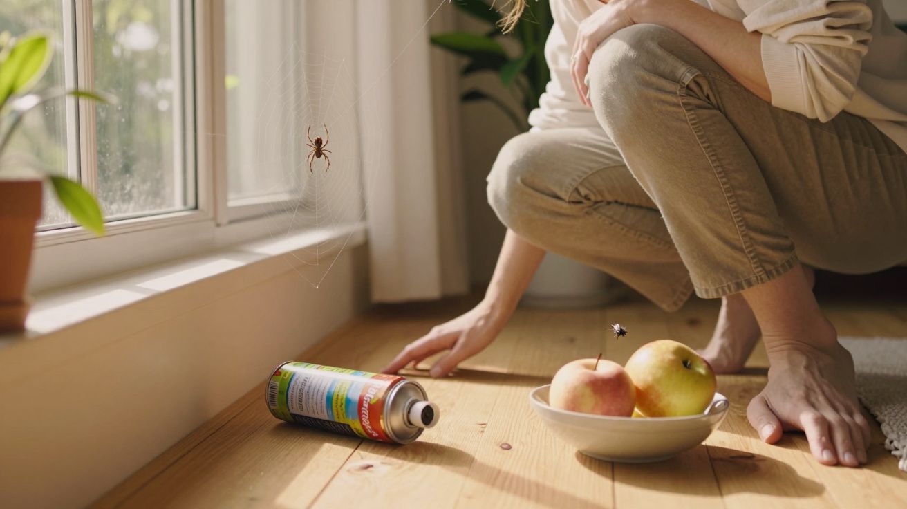 Pessoa agachada perto de maçãs, spray inseticida e aranha em teia junto à janela.