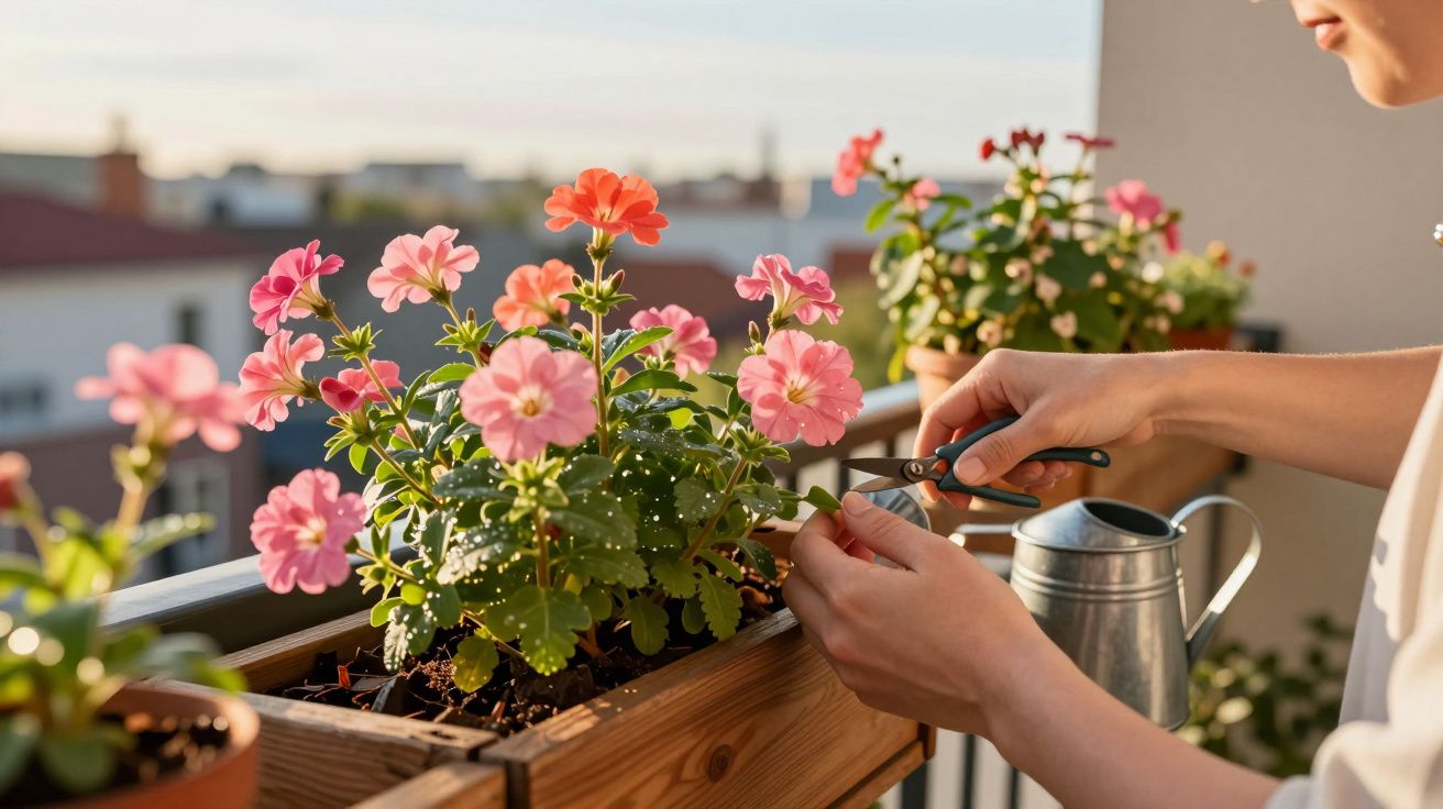 Pessoa cuidando de flores cor-de-rosa em vaso na varanda durante o dia ensolarado.