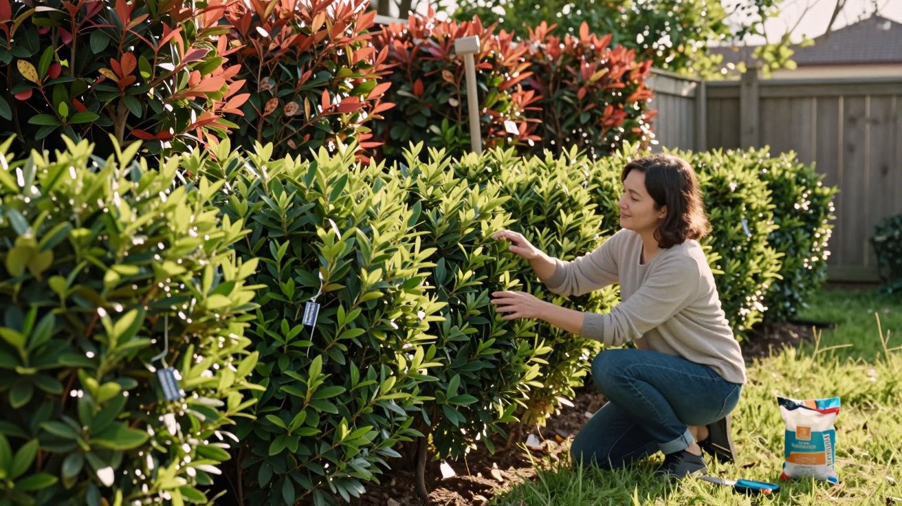 Mulher cuidando de arbustos verdes em jardim ensolarado com cercas de madeira ao fundo.