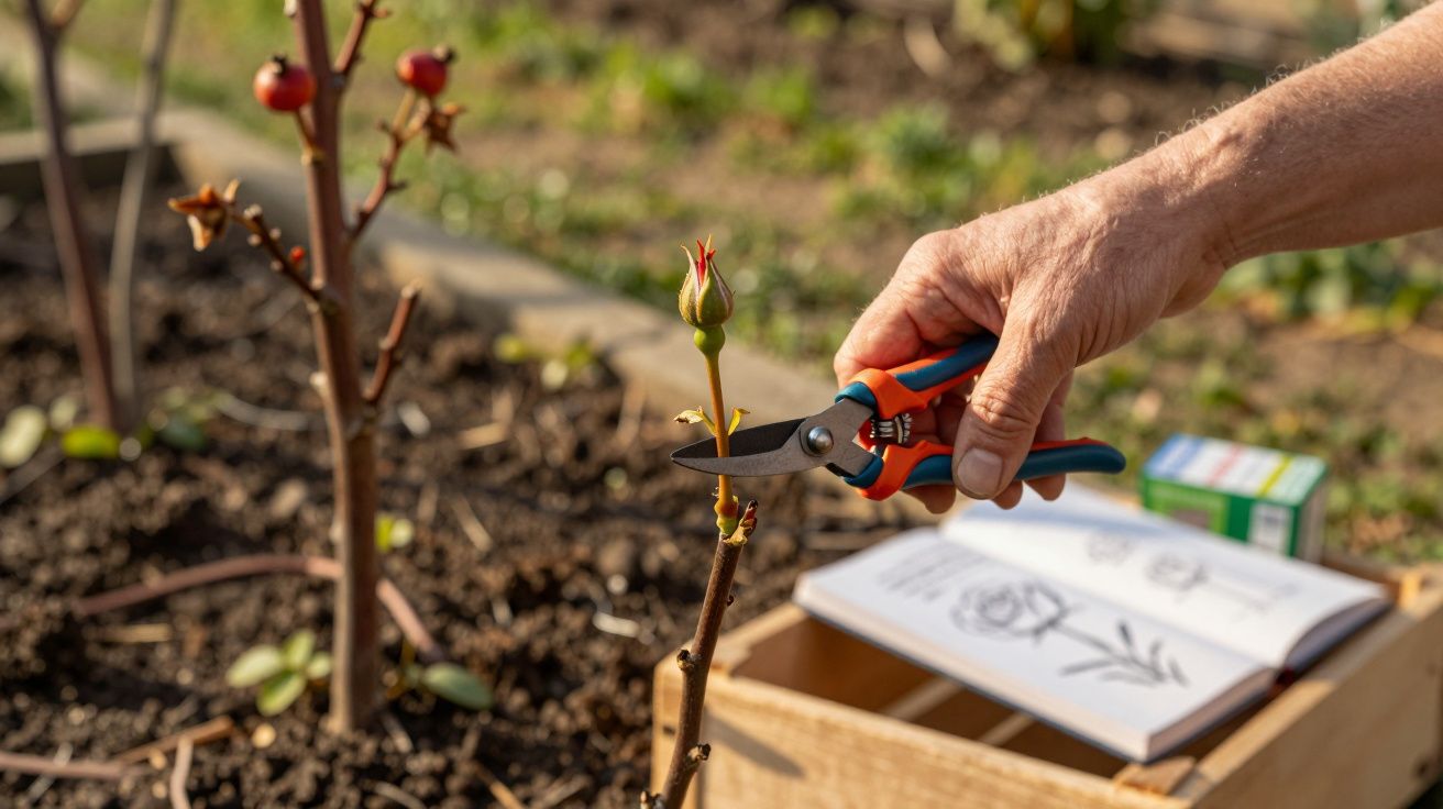Mão podando broto de rosa com tesoura de jardinagem, livro aberto com desenhos de flores ao fundo.