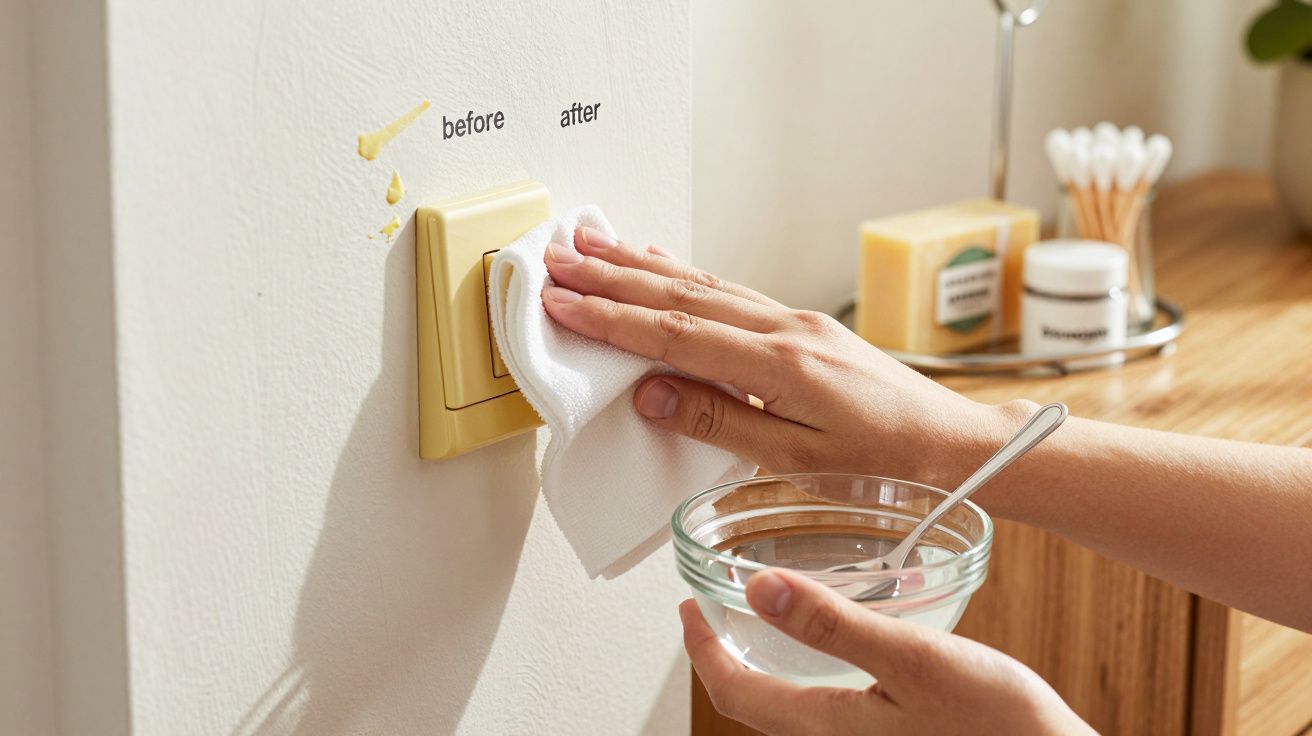 Mãos limpando interruptor amarelo com pano branco, mostrando antes e depois na parede branca ao lado.
