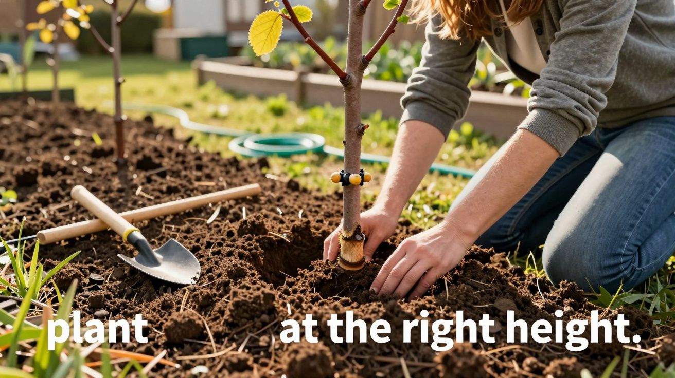 Pessoa plantando árvore jovem em solo preparado em jardim sob luz natural do dia.