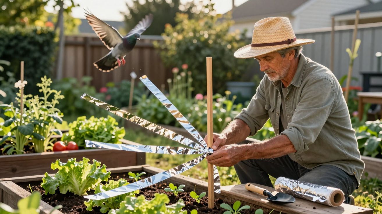 Homem adulto usando chapéu de palha ajusta espantalho refletor em horta com vegetais frescos.