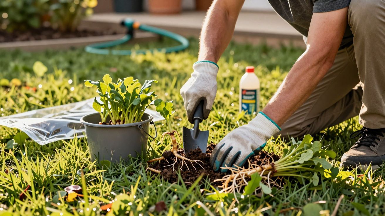Pessoa plantando mudas no jardim com pá pequena e luvas, em área gramada ensolarada.