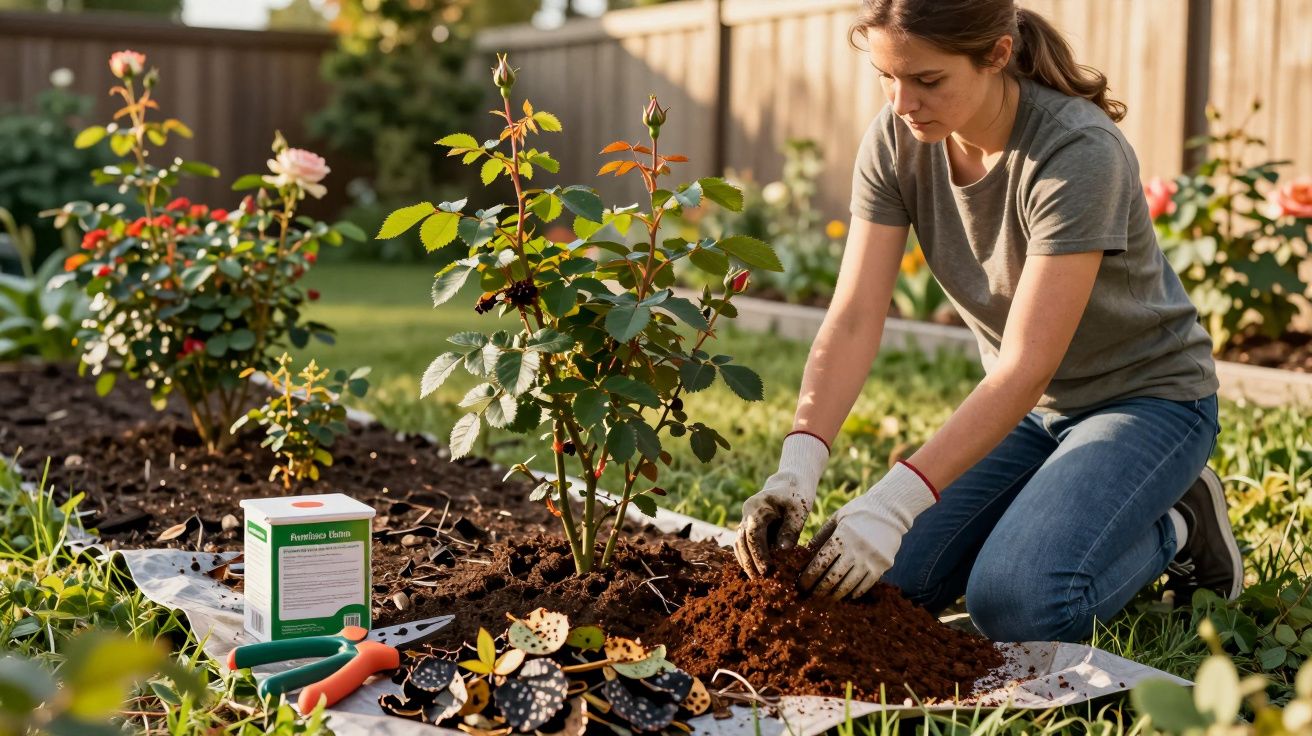 Mulher cuidando de rosas em jardim, usando luvas e ferramentas de jardinagem ao redor.