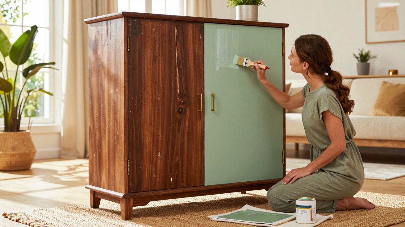 Mulher pintando porta de armário de madeira com tinta verde em sala iluminada e decorada.