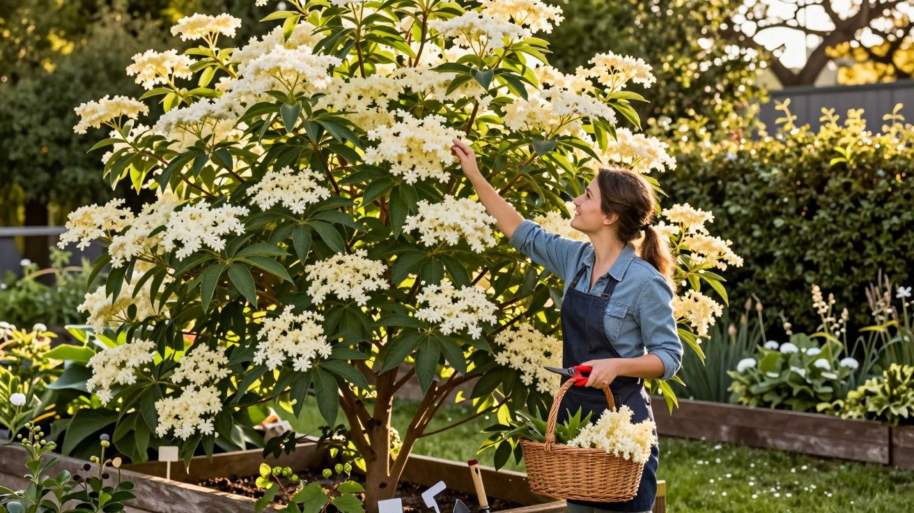Jovem colhendo flores brancas em árvore no jardim, segurando cesta de vime em um dia ensolarado.