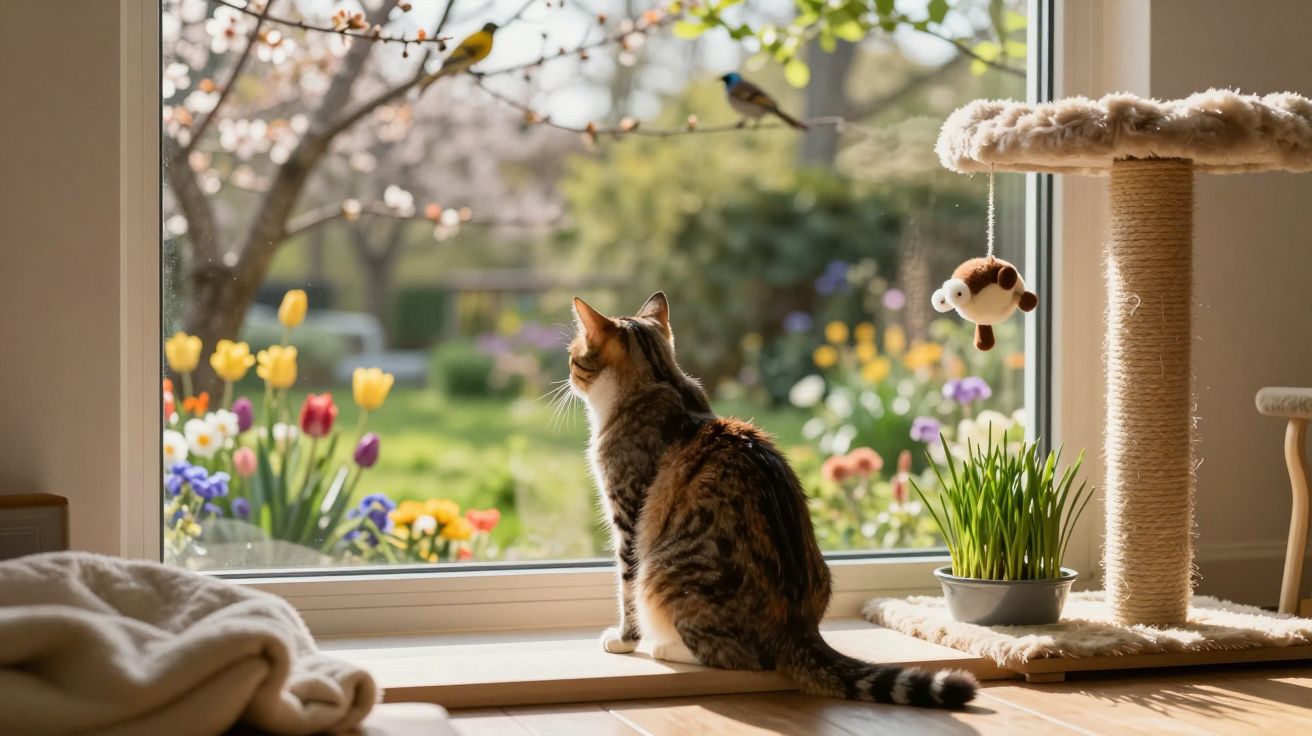 Gato olhando pela janela para jardim florido com pássaros em dia ensolarado dentro de casa aconchegante.