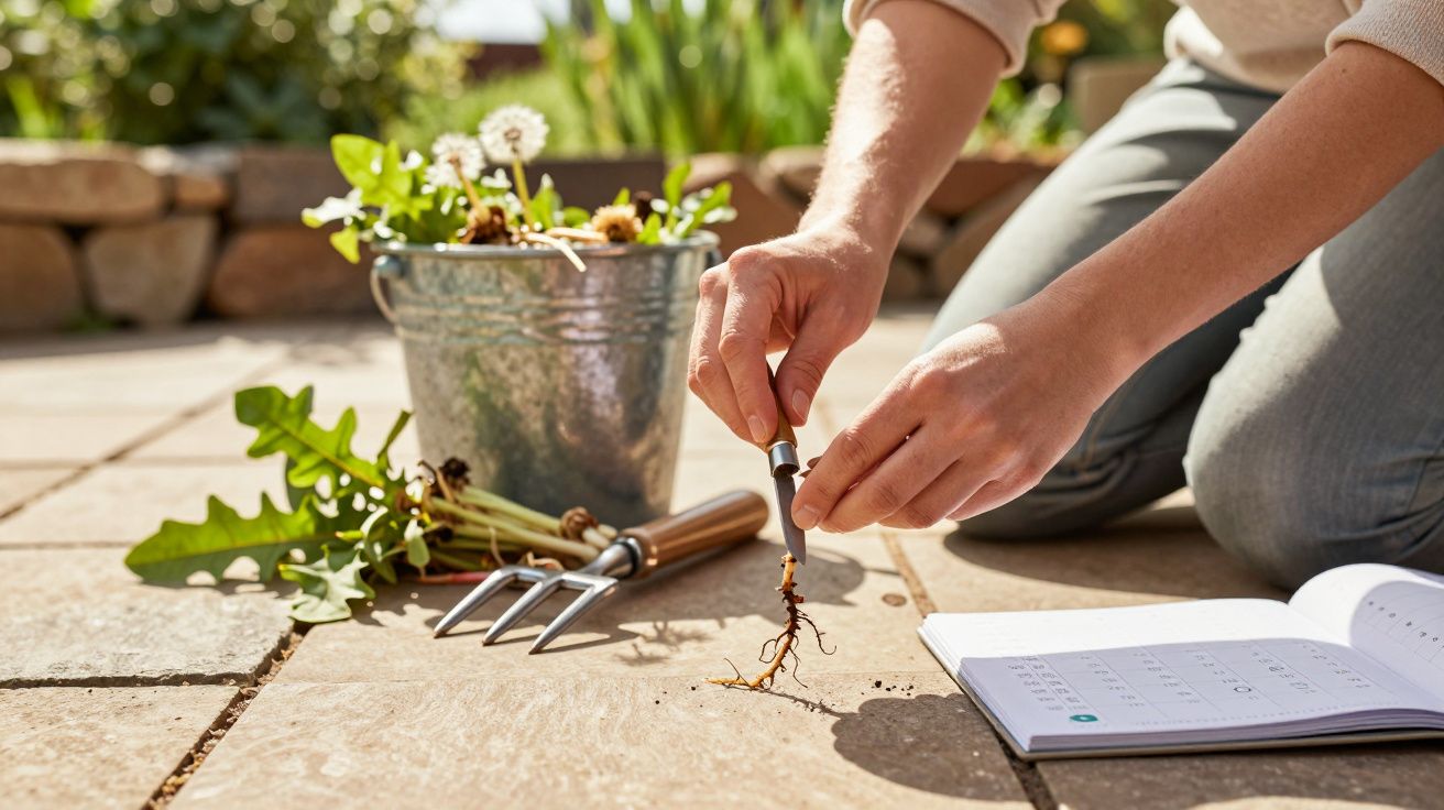 Pessoa com ferramentas de jardinagem removendo planta com raiz em área externa ensolarada.
