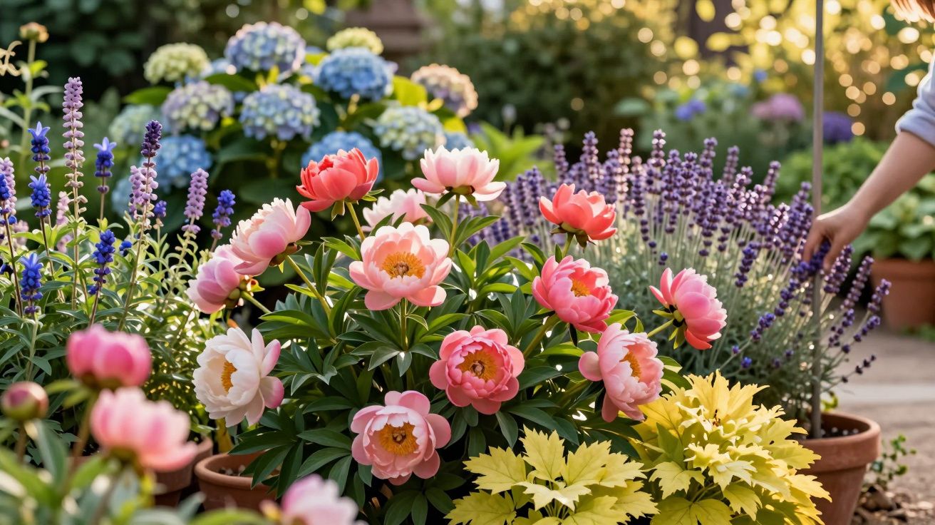 Jardim com várias flores coloridas em vasos, incluindo peônias rosas, lavandas e hortênsias azuis.