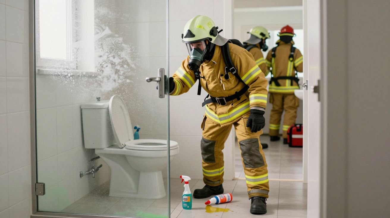 Bombeiro vestido com equipamento de proteção inspeciona banheiro com vaso sanitário aberto e produtos de limpeza no chão.