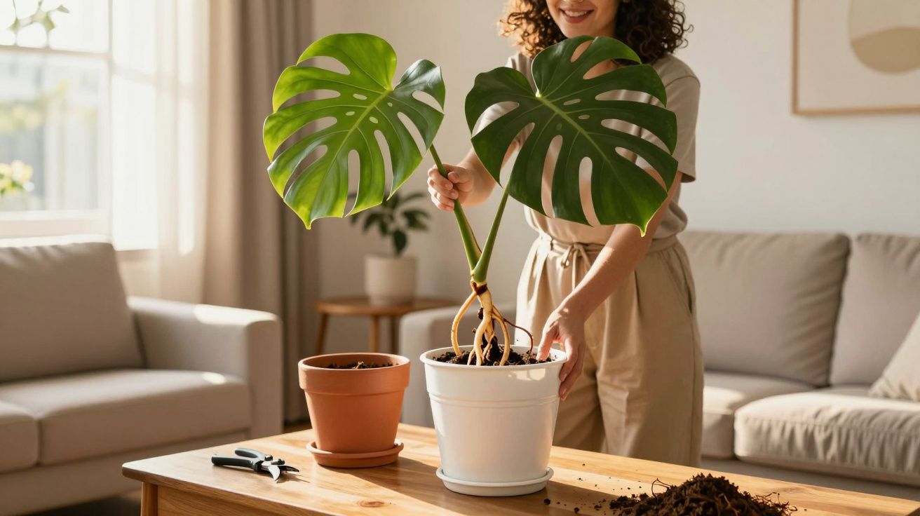 Mulher transplantando planta Monstera em vaso branco em sala de estar iluminada e aconchegante.