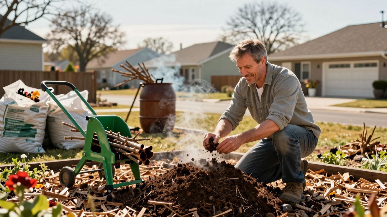 Homem sorridente preparando terra em canteiro de jardim, com carrinho de madeira e sacos ao fundo.