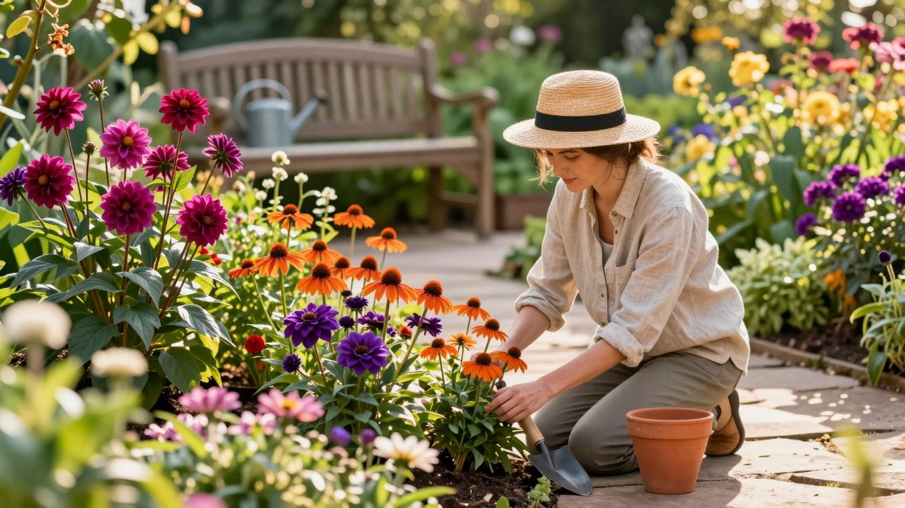 Mulher com chapéu cuidando de flores coloridas em jardim ensolarado com banco de madeira ao fundo.