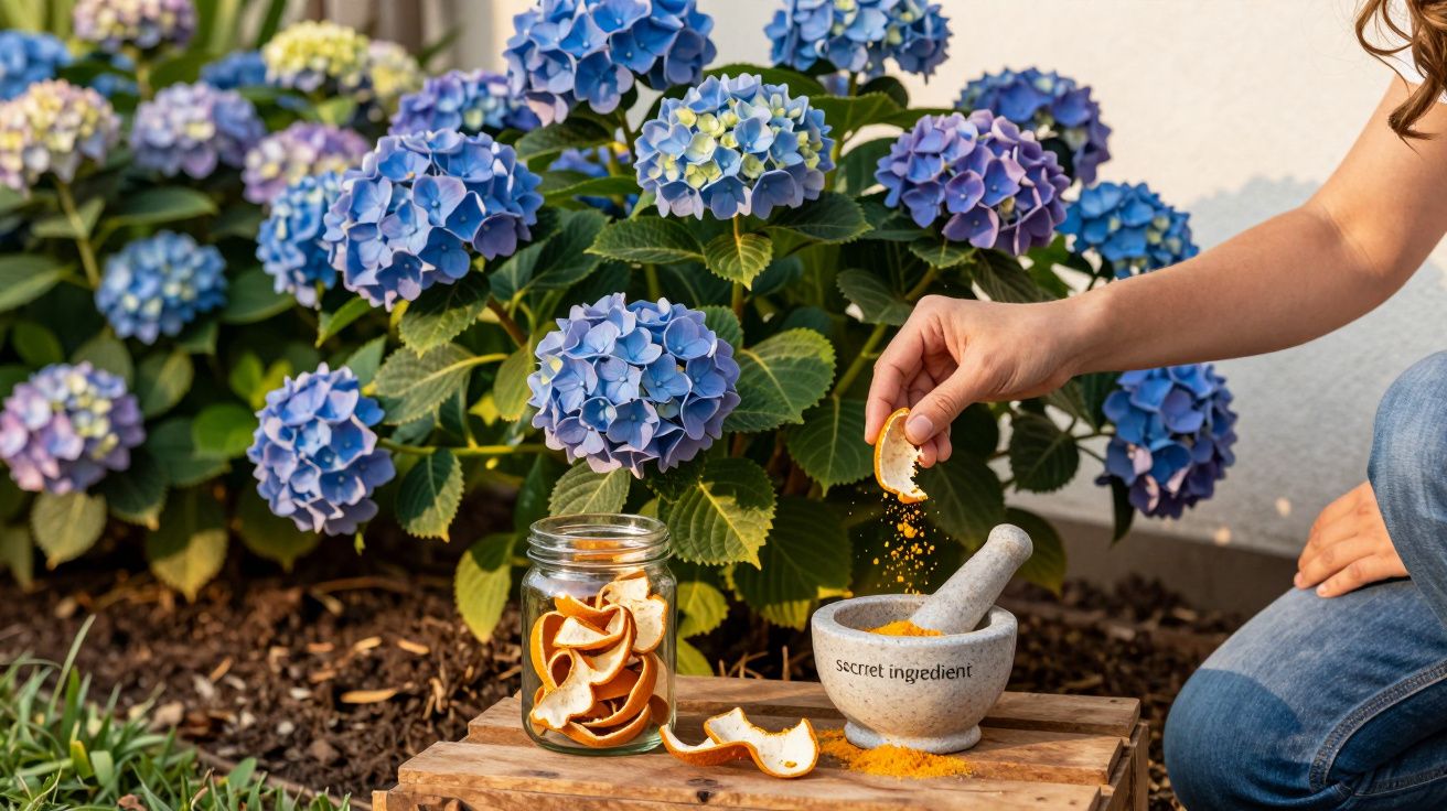 Flor hortênsia azul ao fundo, mão feminina polvilha tempero amarelo no pilão, jarra com cascas secas.