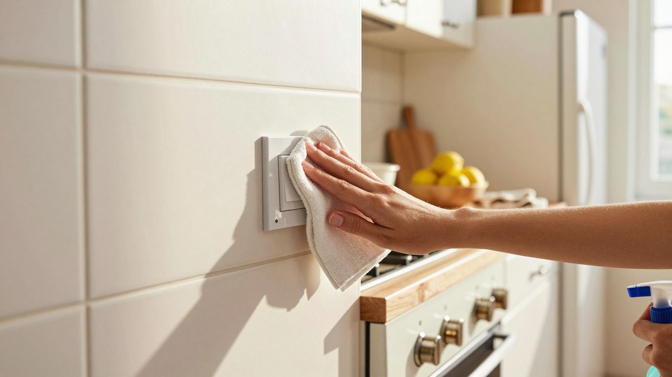 Mão limpando interruptor de luz com pano branco na cozinha iluminada durante o dia.