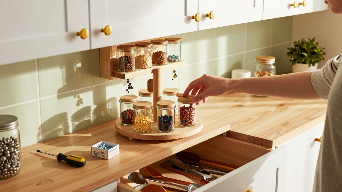 Pessoa organizando potes com especiarias em prateleira giratória sobre bancada de cozinha iluminada.