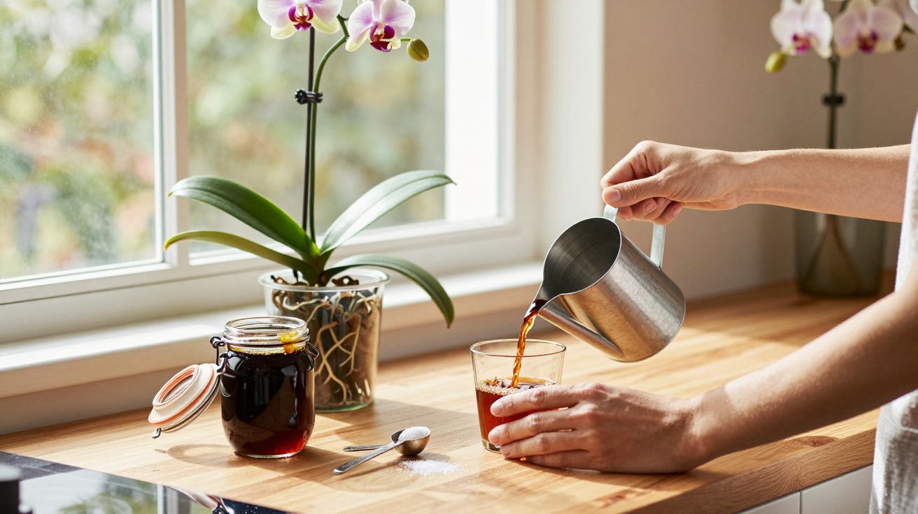 Pessoa servindo chá em copo em bancada de cozinha com orquídeas ao fundo e pote de mel ao lado.