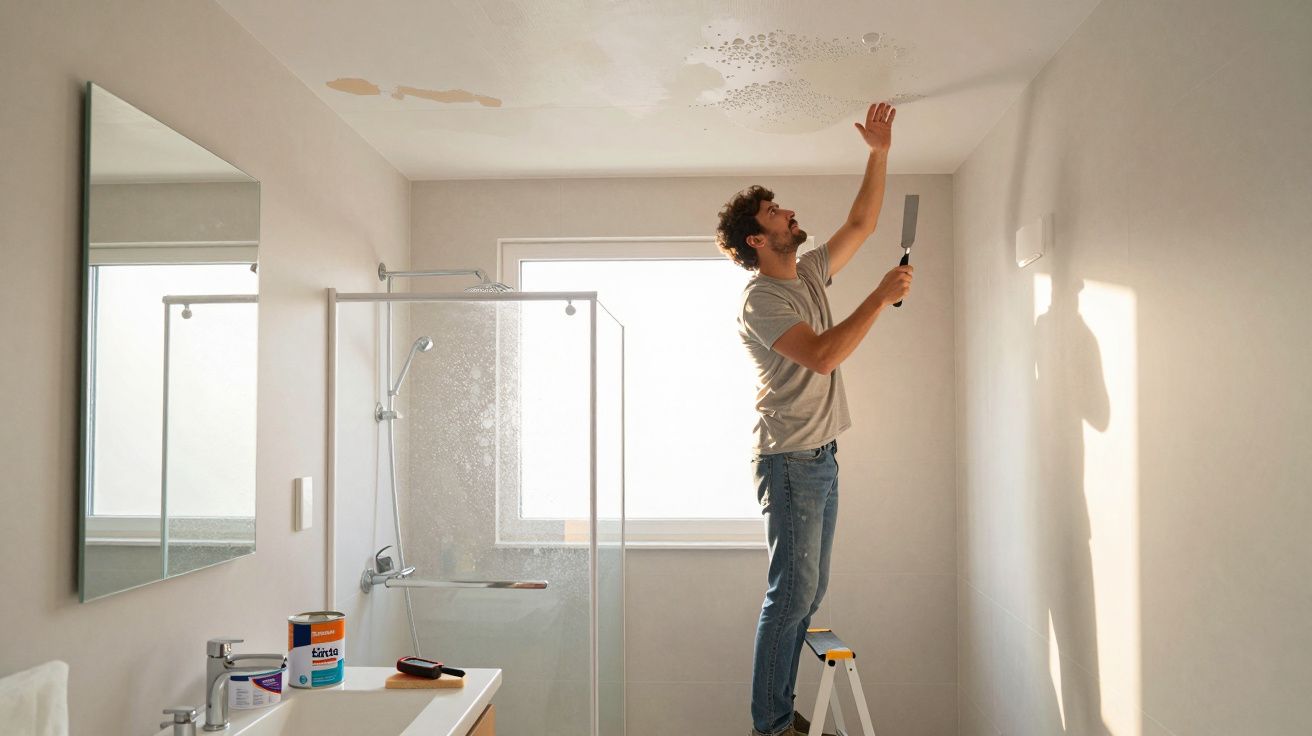 Homem em escada avaliando infiltração no teto de banheiro claro com janela e espelho.