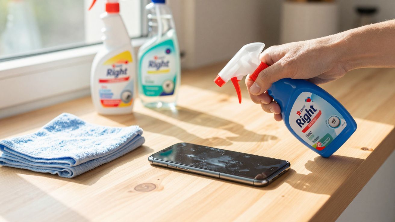 Mão segurando borrifador e limpando celular sobre mesa de madeira, com produtos de limpeza e pano azul ao lado.