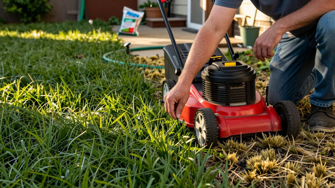 Pessoa ajustando cortador de grama vermelho em jardim com grama verde e áreas secas ao fundo.