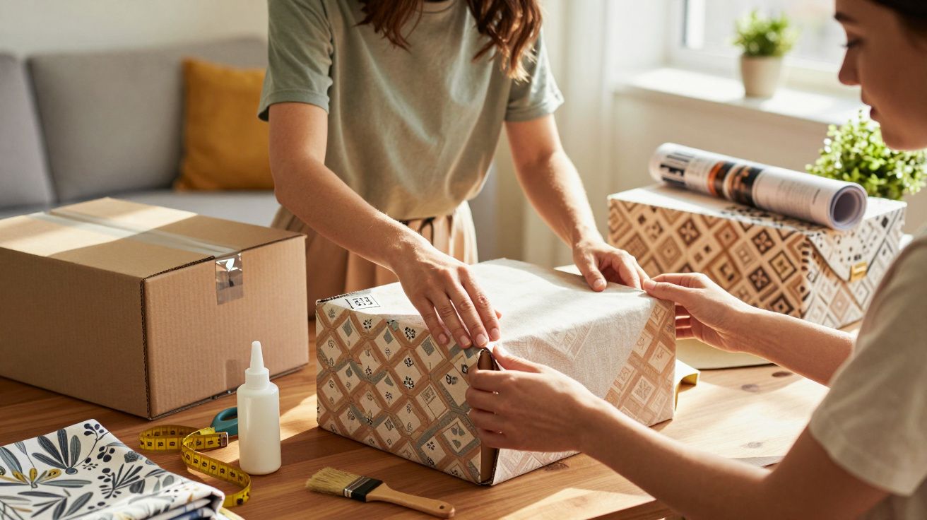 Duas pessoas envolvidas no embrulho de caixas com papel decorativo sobre mesa de madeira iluminada.
