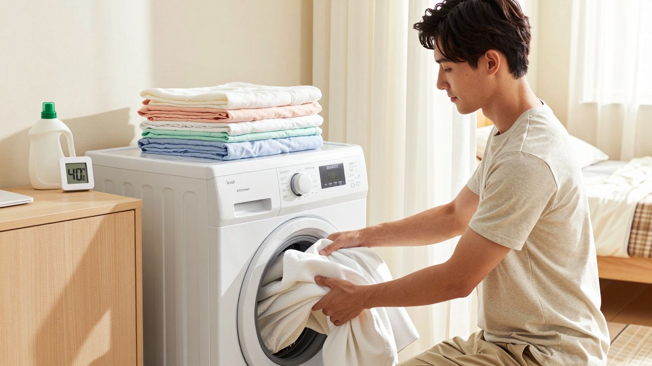 Homem carregando roupa branca na máquina de lavar, ao lado de toalhas dobradas e detergente.