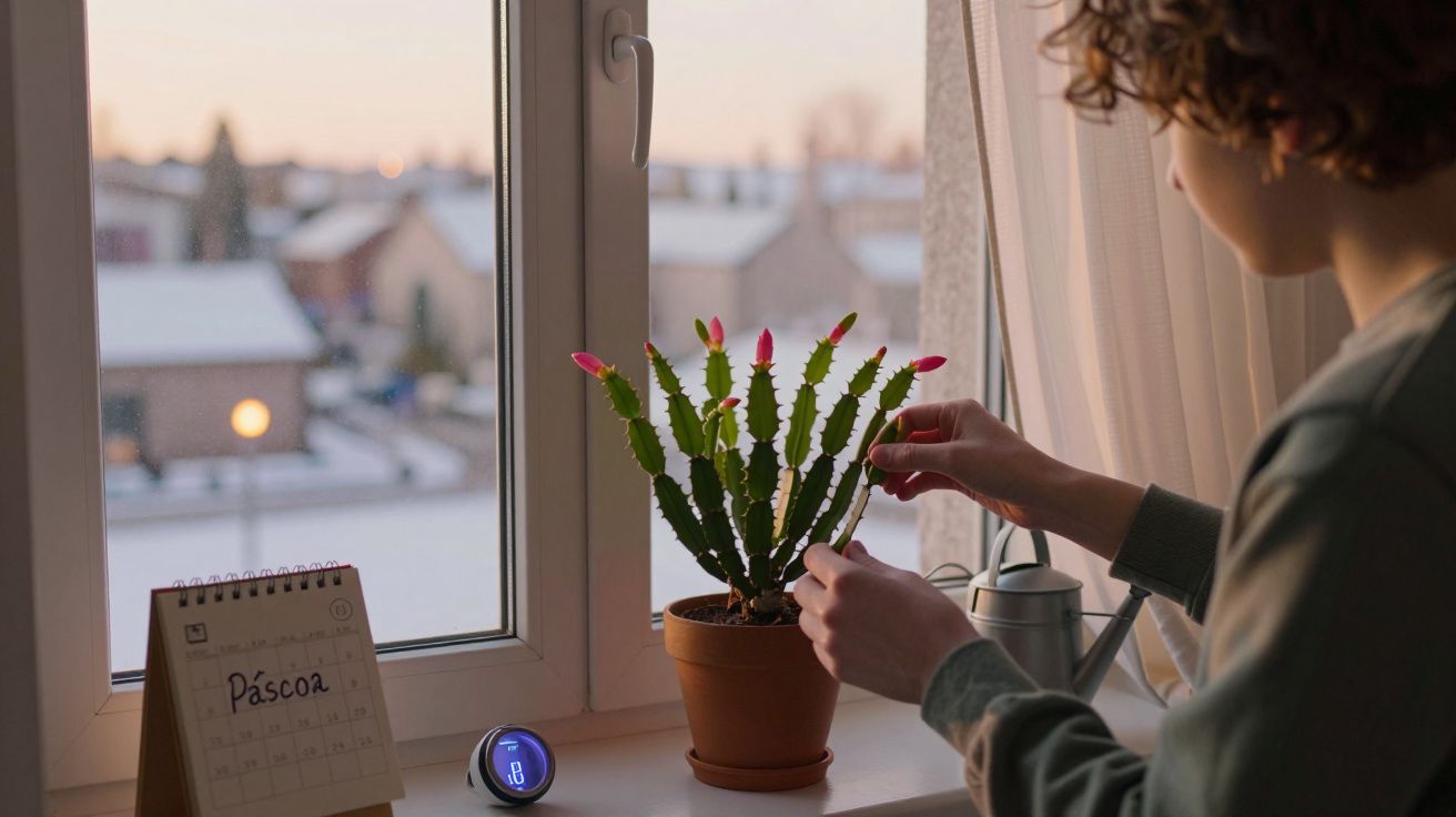 Pessoa cuidando de cacto com botões rosas em vaso na janela ao pôr do sol.