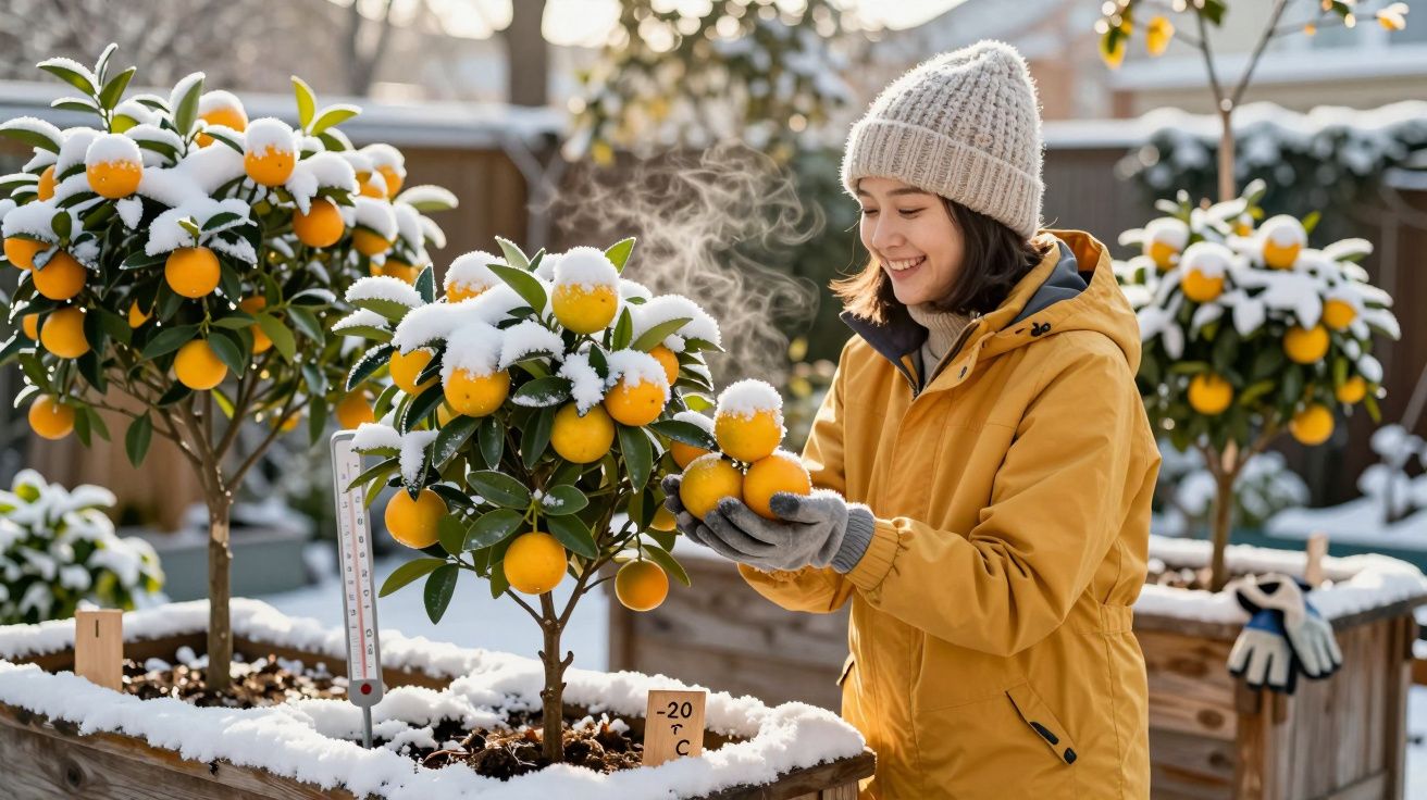 Mulher sorridente em jaqueta amarela colhendo laranjas cobertas de neve em jardim gelado.