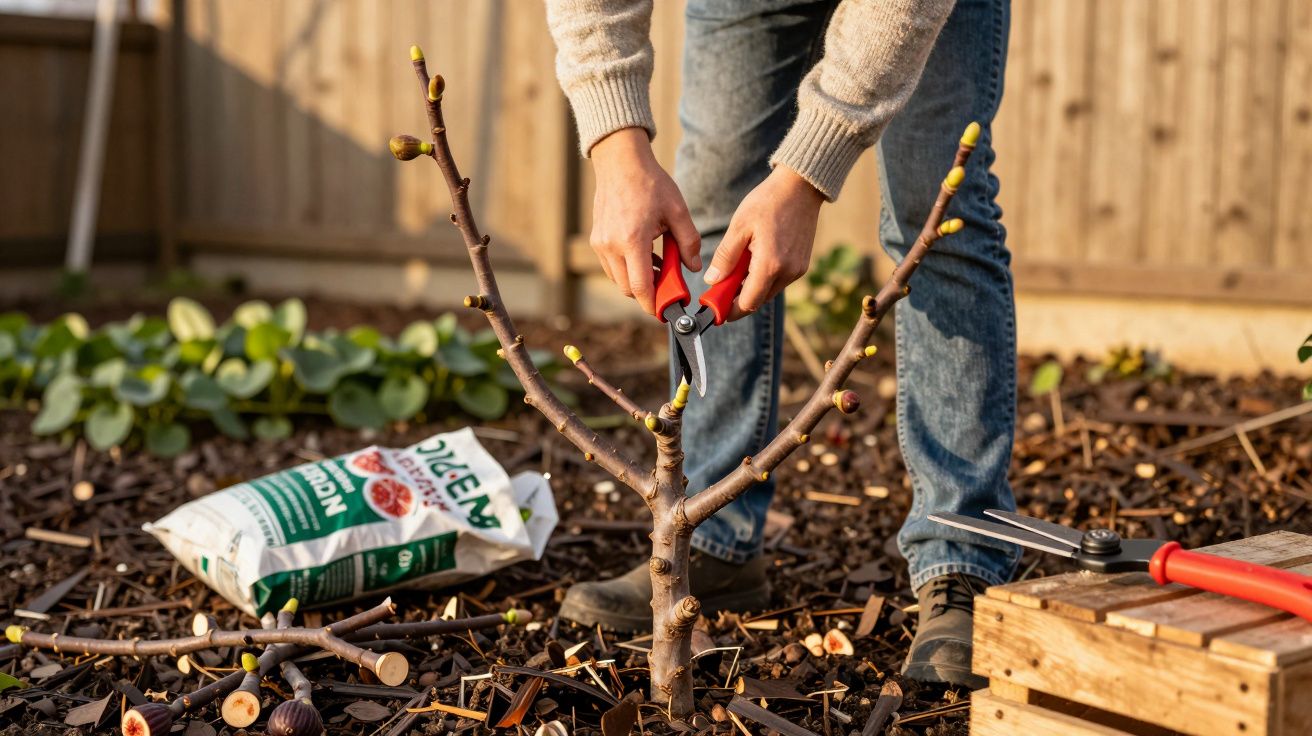 Pessoa podando galhos de uma árvore jovem em jardim com tesoura de poda vermelha.