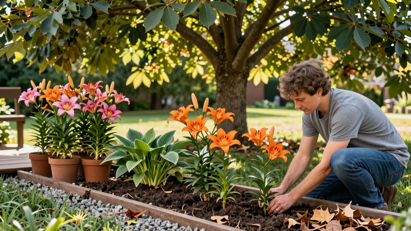 Homem cuidando de flores laranja e rosa em jardim sob árvore em dia ensolarado.