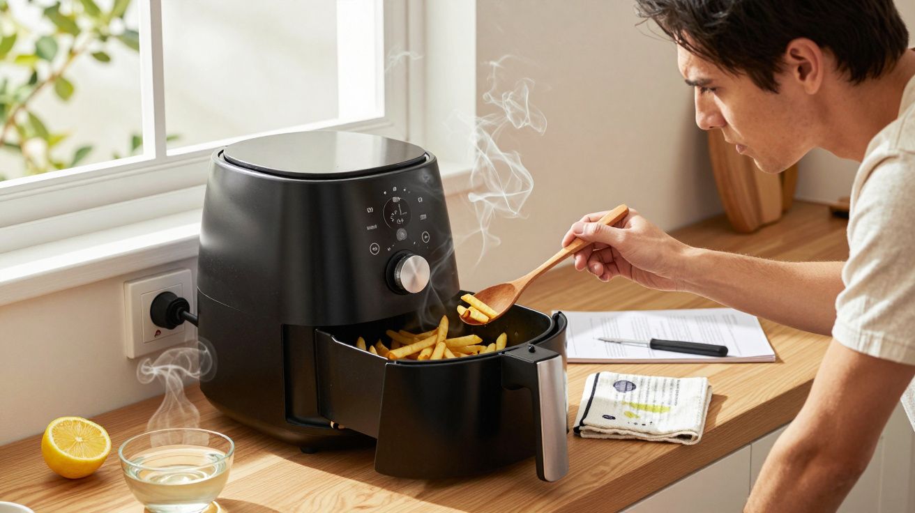 Homem usando colher para retirar batatas fritas quentes de air fryer preta na cozinha.