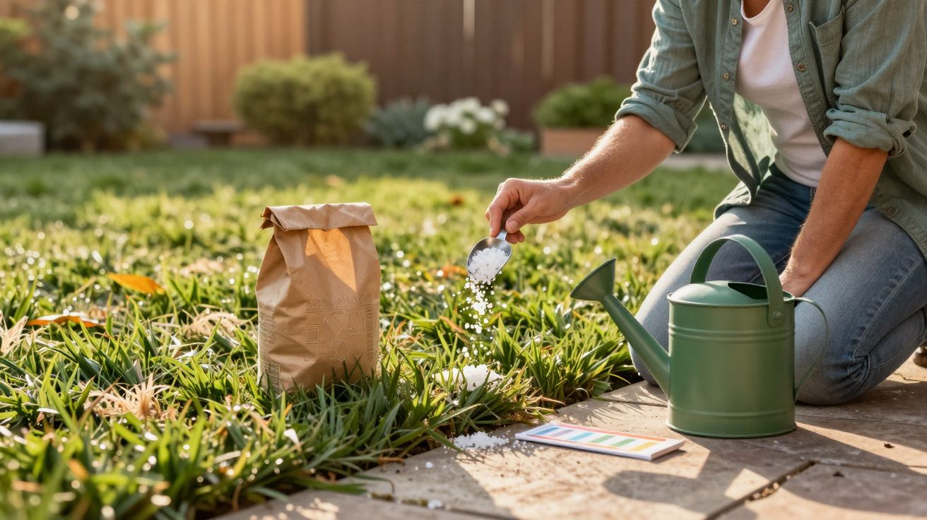 Pessoa aplicando fertilizante granular nas plantas do jardim em dia ensolarado, com regador ao lado.