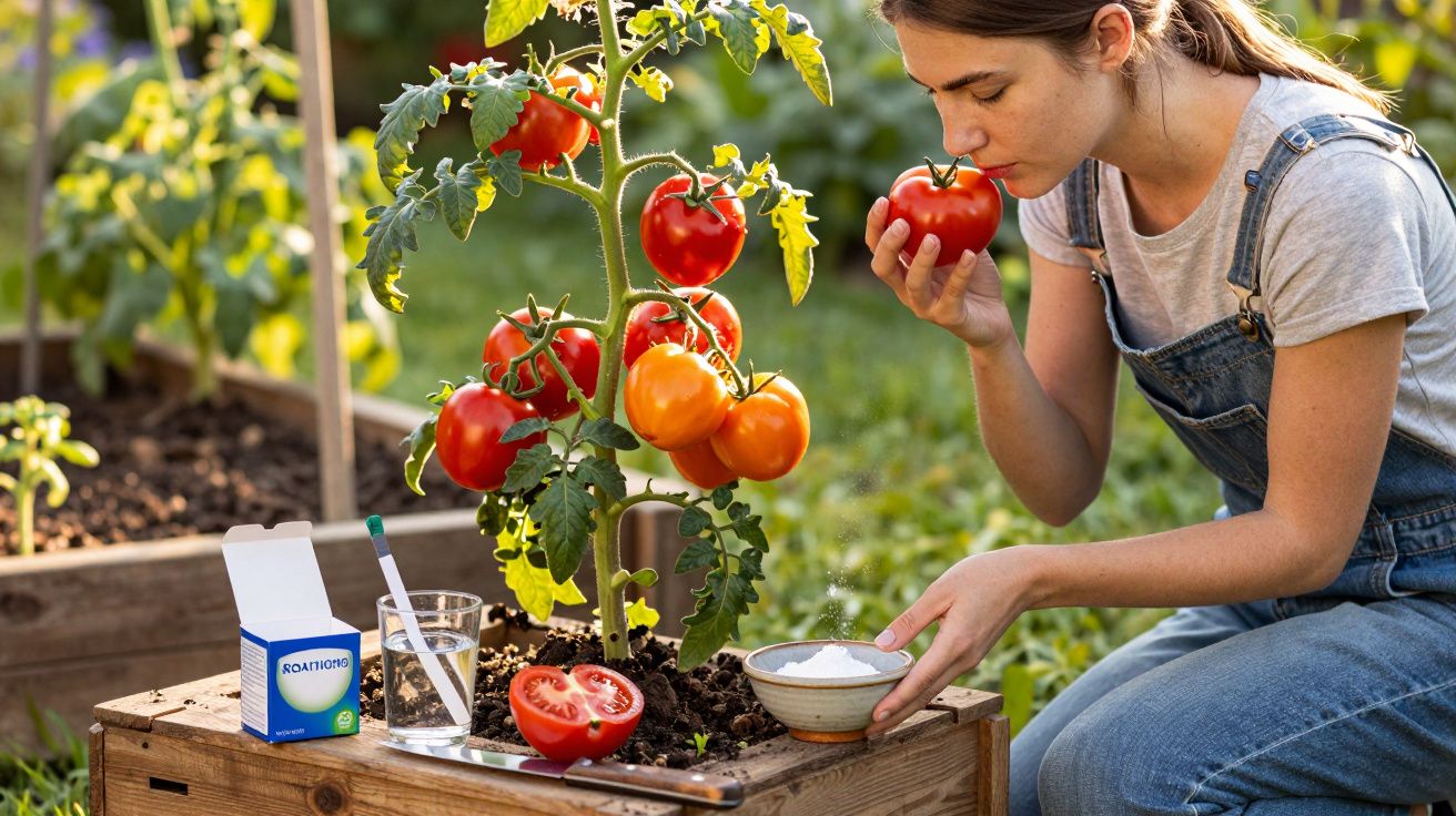 Mulher ajoelhada cheirando tomate colhido de planta em canteiro de madeira no jardim.