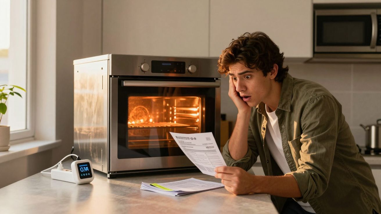 Jovem surpreso lendo documento na cozinha, com forno elétrico ligado ao fundo.