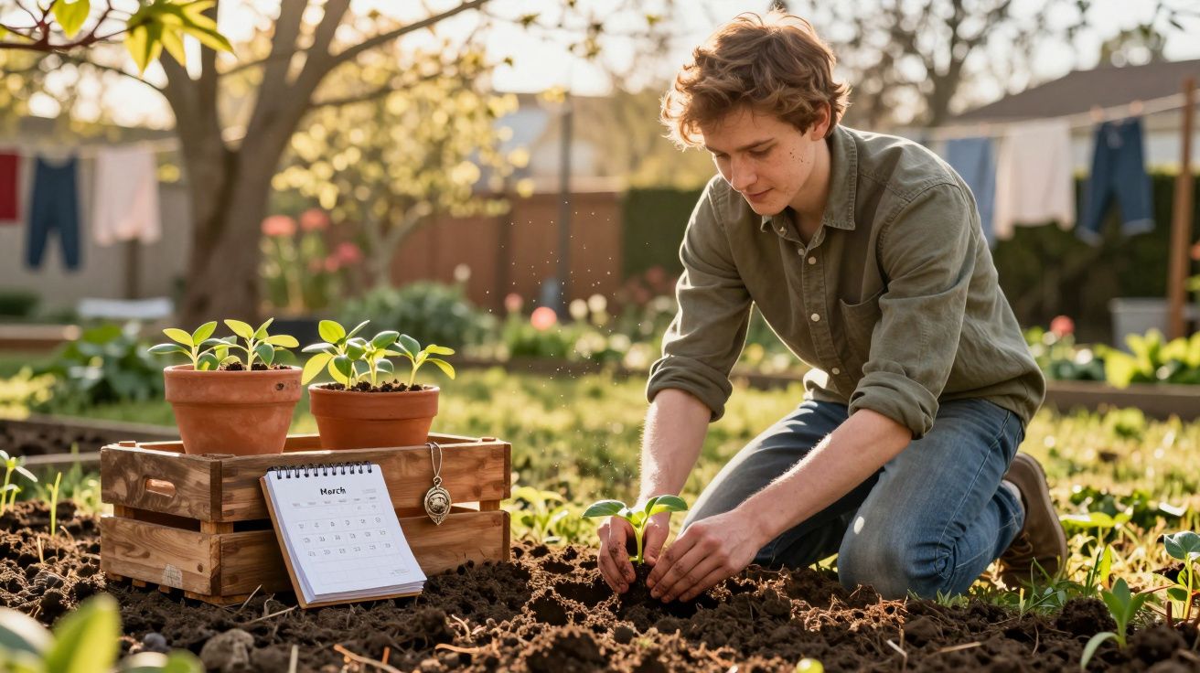 Jovem plantando mudas no jardim ao ar livre em dia ensolarado com calendário de março ao lado.