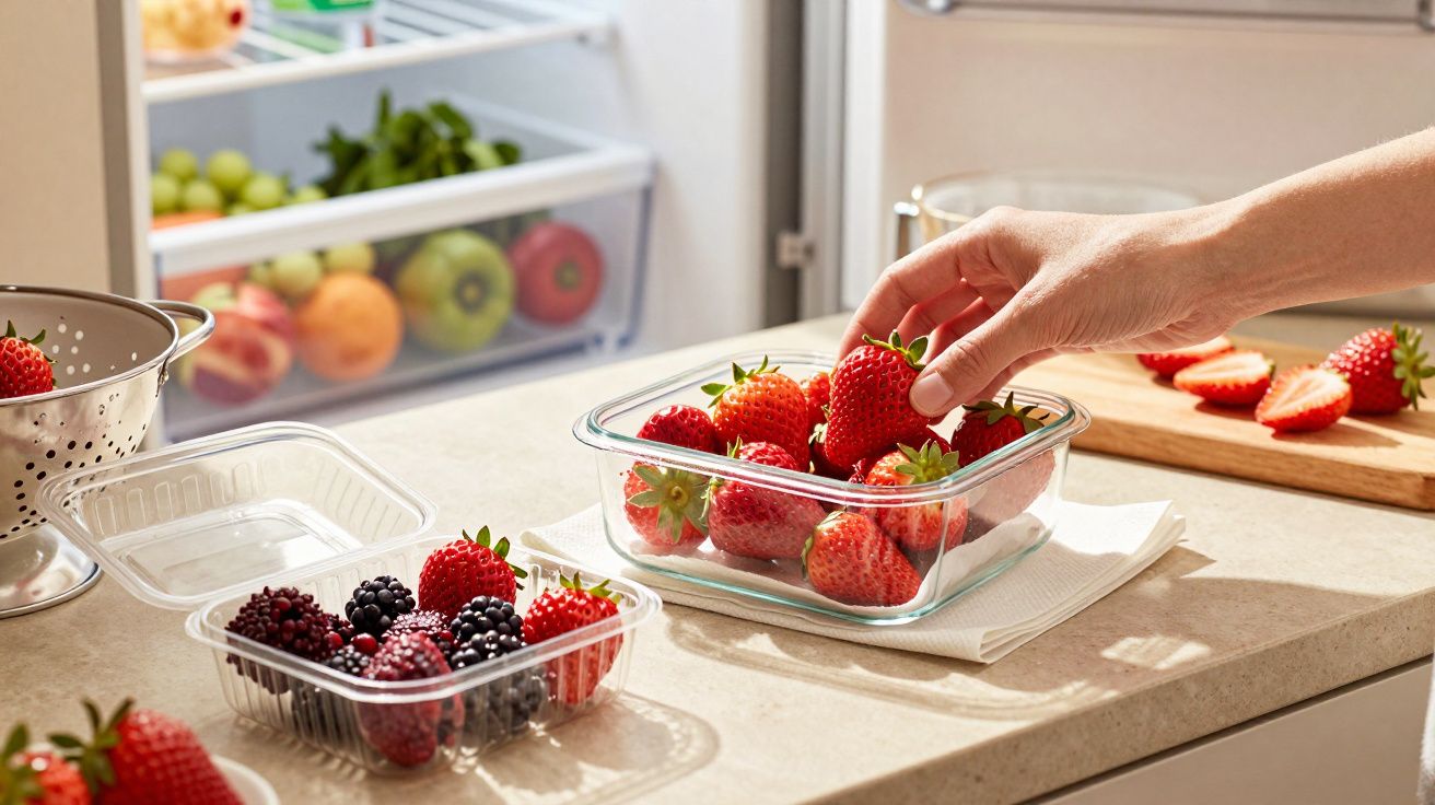 Mão pegando morangos em pote de vidro com mais frutas na bancada de cozinha iluminada.