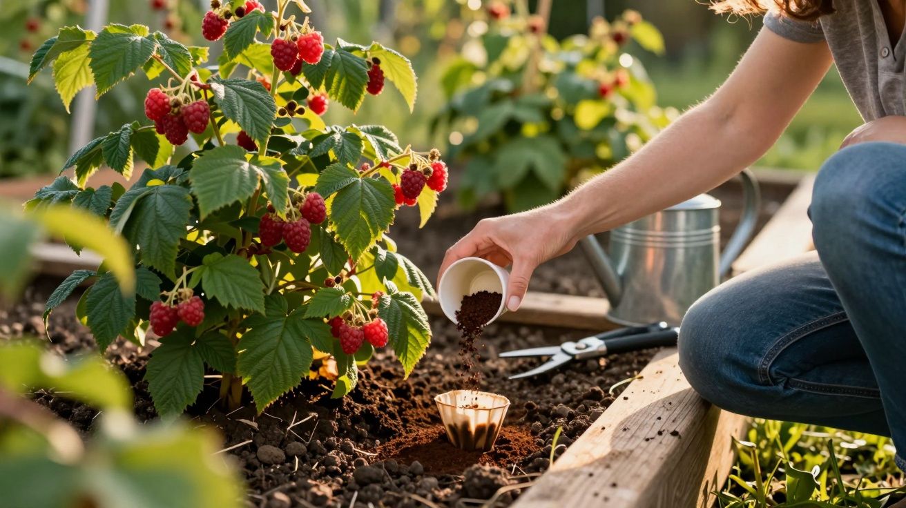 Pessoa adicionando café moído ao solo para cultivar plantas de framboesa em canteiro elevado ao ar livre.