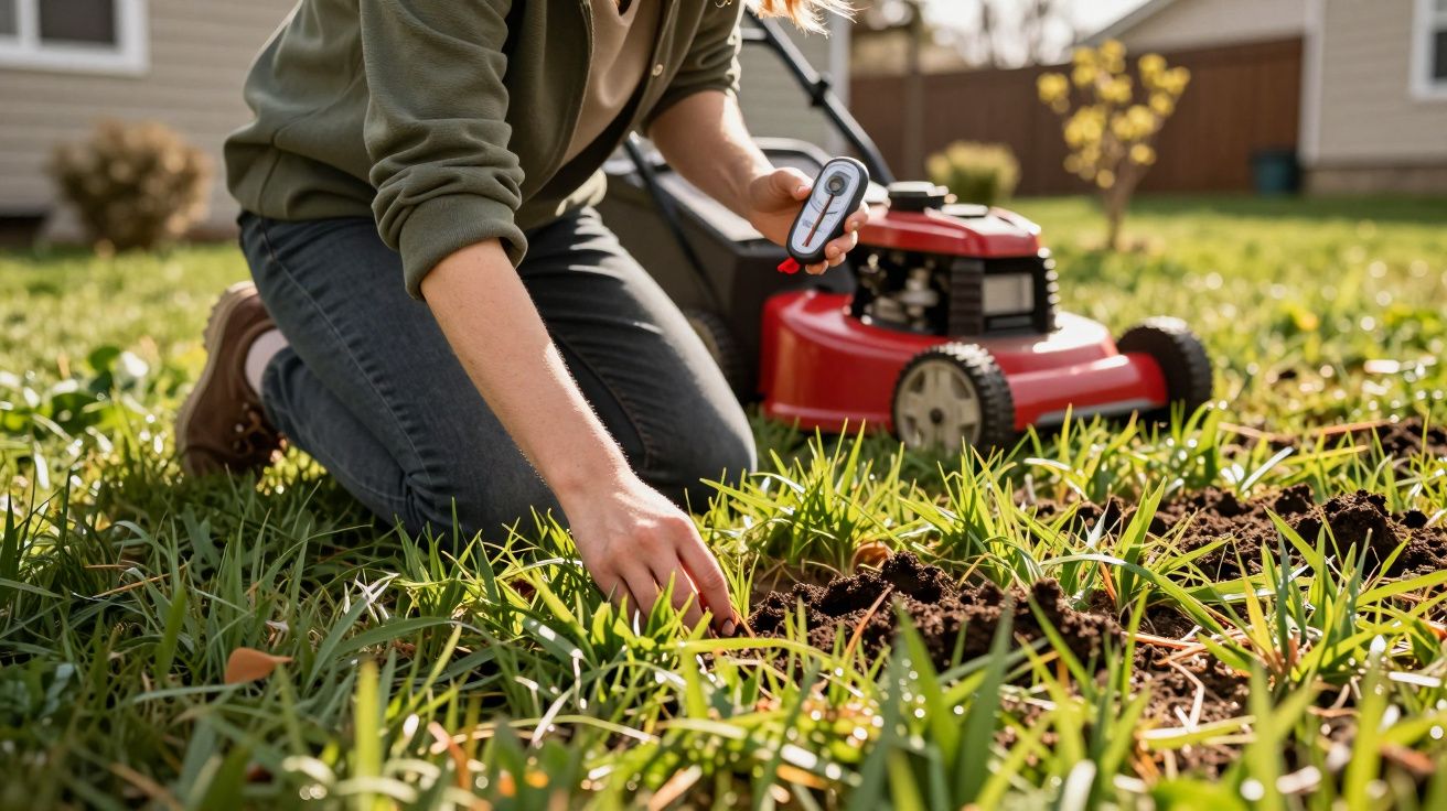 Pessoa agachada no jardim segurando medidor de solo perto de máquina de cortar grama vermelha.