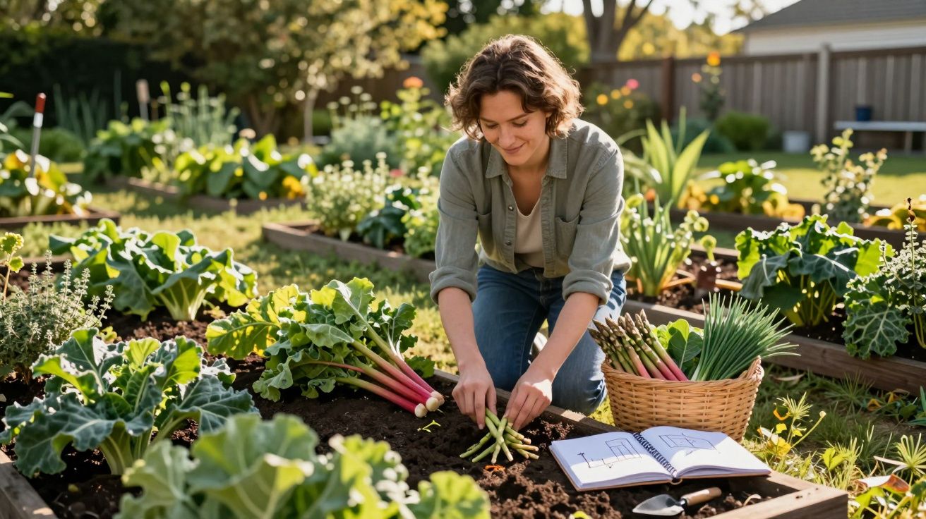 Jovem colhendo aspargos em horta com cesta cheia de aspargos e caderno aberto ao lado.