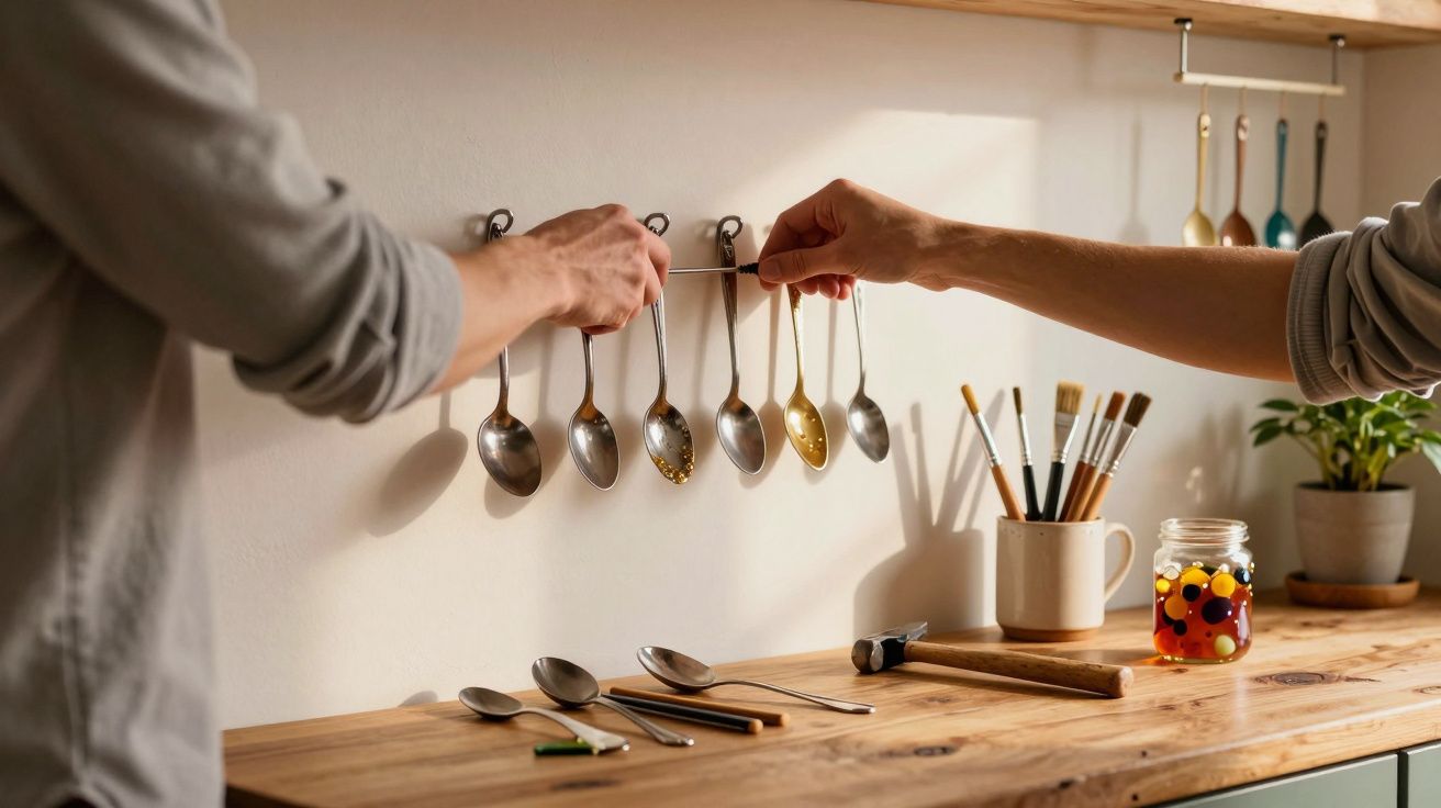 Duas pessoas pendurando colheres em suporte na parede sobre bancada de madeira com utensílios e plantas.