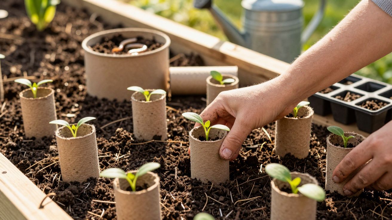 Mãos plantando mudas em recipientes de papel biodegradável sobre terra em canteiro de madeira.