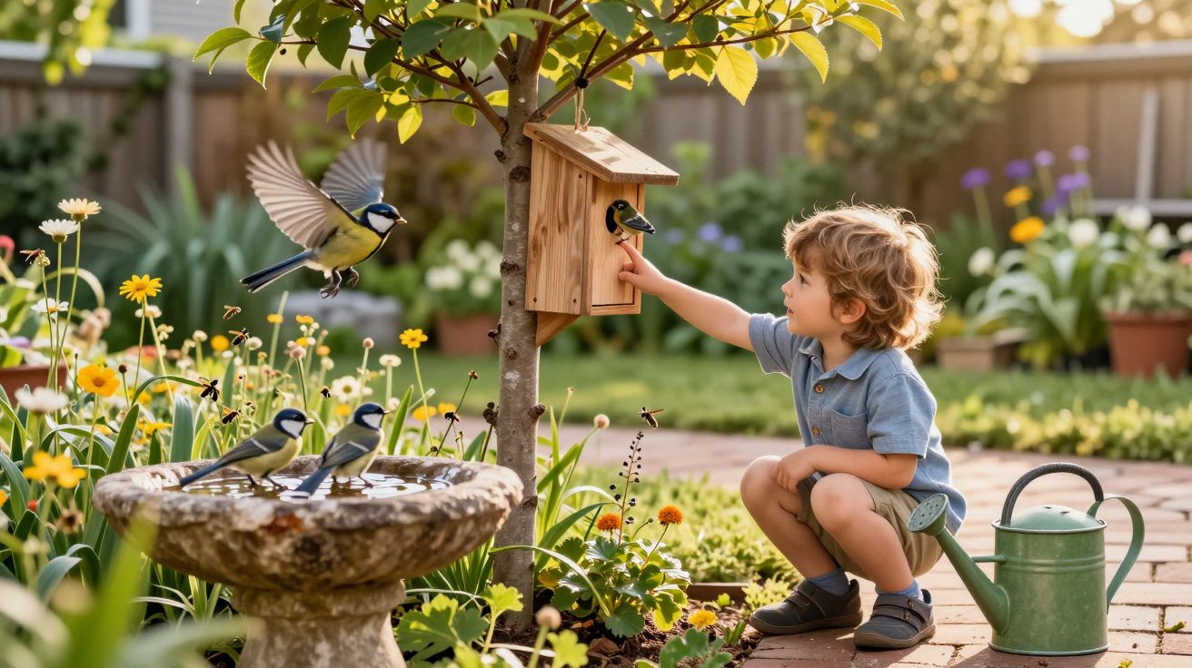Criança interage com pássaro em casa de passarinho no jardim florido em dia ensolarado.