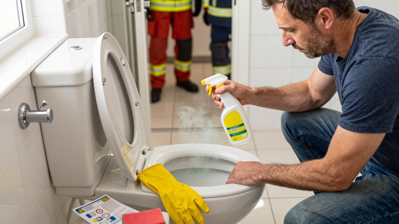Homem limpa vaso sanitário com spray desinfetante, luvas amarelas e esponja vermelha ao lado.