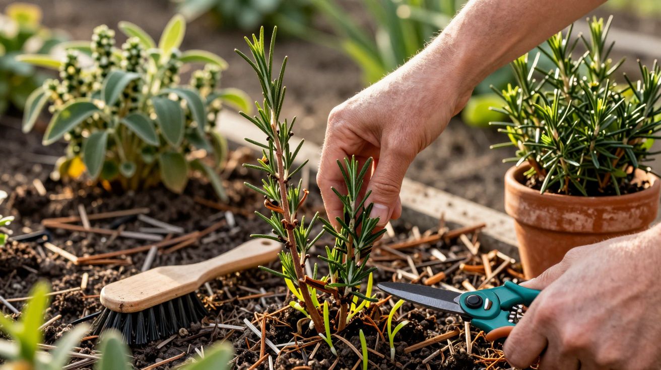 Pessoa cuidando de planta de alecrim, podando com tesoura em jardim com solo e vaso ao fundo.