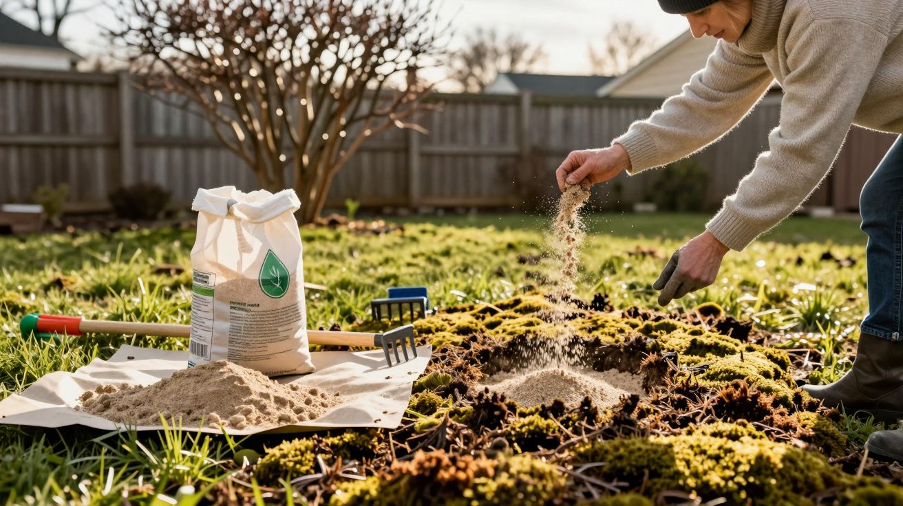 Pessoa espalhando areia em jardim com ferramentas e sacos ao redor em dia ensolarado