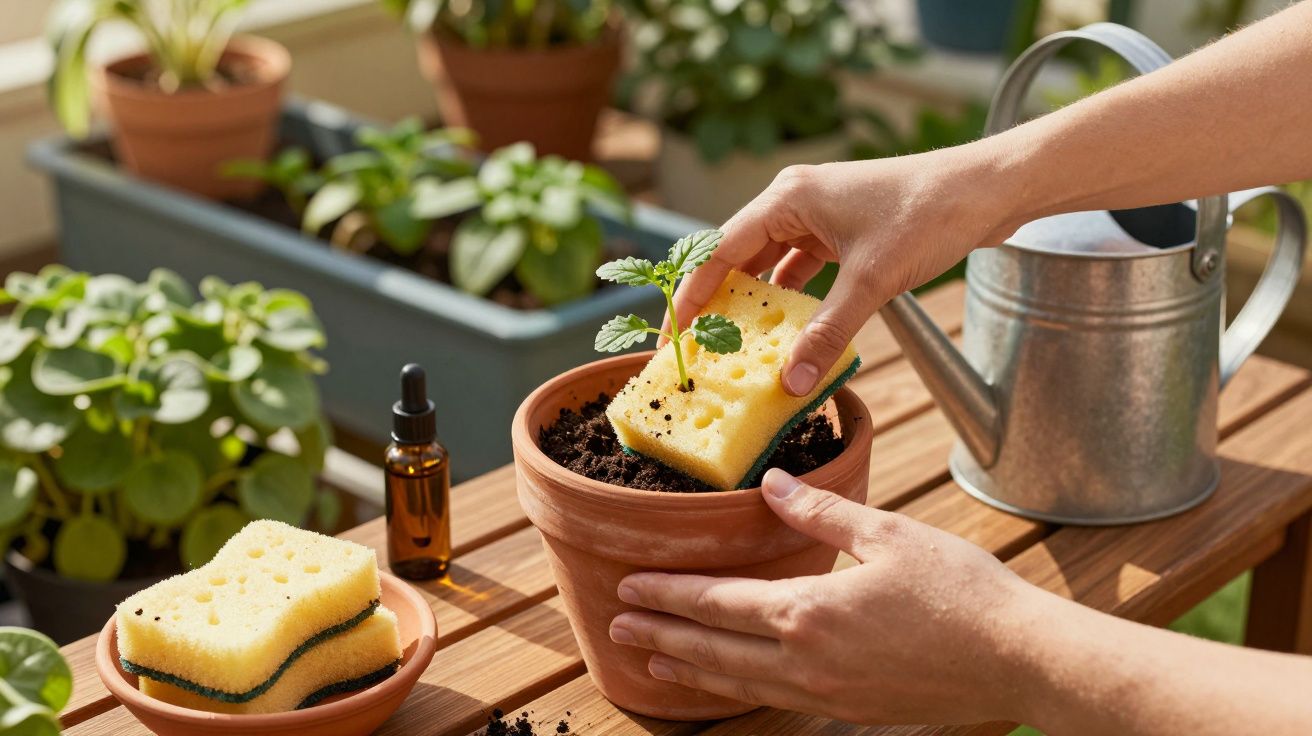 Mãos cuidando de muda em vaso com esponja, regador e plantas ao fundo em bancada de madeira.